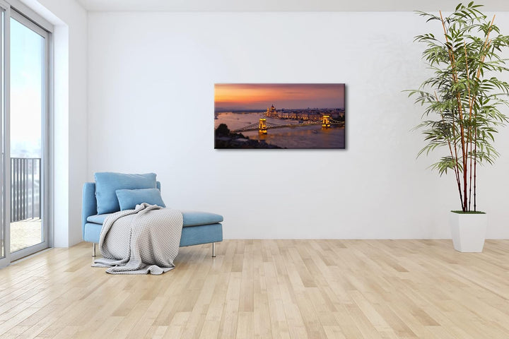 Budapest bei Abenddämmerung Panorama 60x30 cm als Leinwandbild, Motiv fertig gerahmt auf Echtholzrah