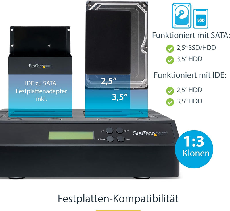 StarTech.com 4-Bay Festplatten Klonstation und Löscher, Selbständiger 1:3 SATA HDD/SSD Kloner/Kopier