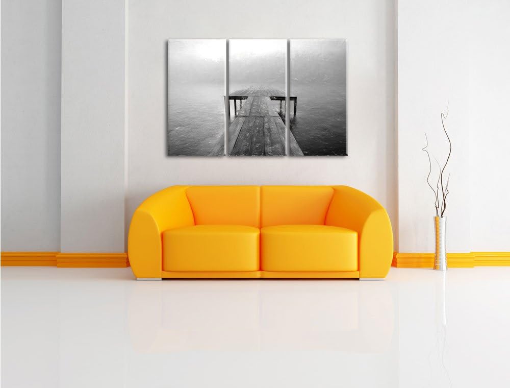 Pixxprint Steg am See im Nebel Kohle Effekt 3-Teiler Leinwandbild 120x80 Bild auf Leinwand