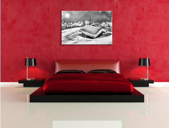 Pixxprint Berghütten Alpen / 100x70cm Leinwandbild bespannt auf Holzrahmen/Wandbild Kunstdruck Dekor