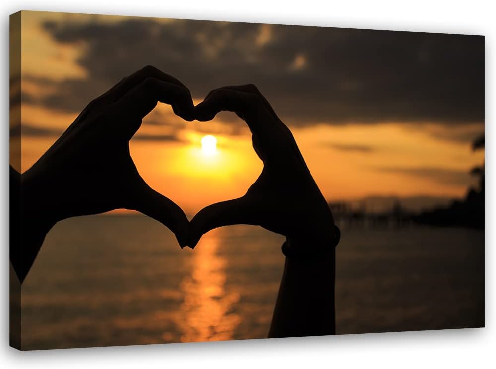Feeby Vlies Leinwandbild Herz geformte Hände Sonnenuntergang Strand 90x60 cm Druckbild Wandbild Wand