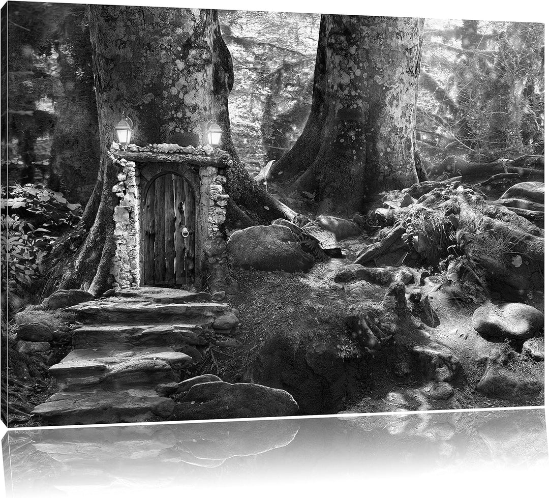 Pixxprint Geheimes Tor im Wald / 100x70cm Leinwandbild bespannt auf Holzrahmen/Wandbild Kunstdruck D