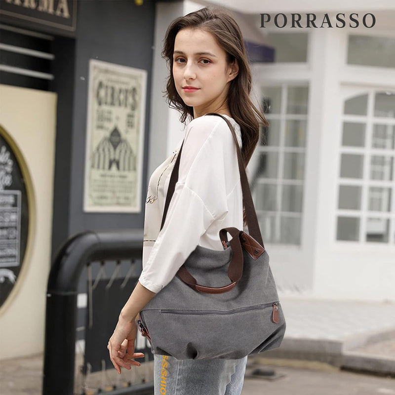 PORRASSO Damen Handtasche Casual Schultertasche Segeltuch Umhängetasche Frauen Hobotasche Crossbody