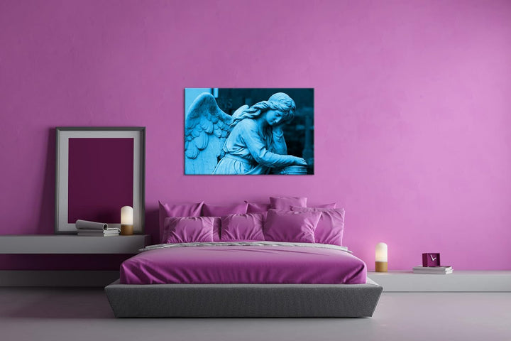 deyoli einsamer Steinengel Format 80x60 Effekt: Monocrome Blau als Leinwandbild, Motiv fertig gerahm