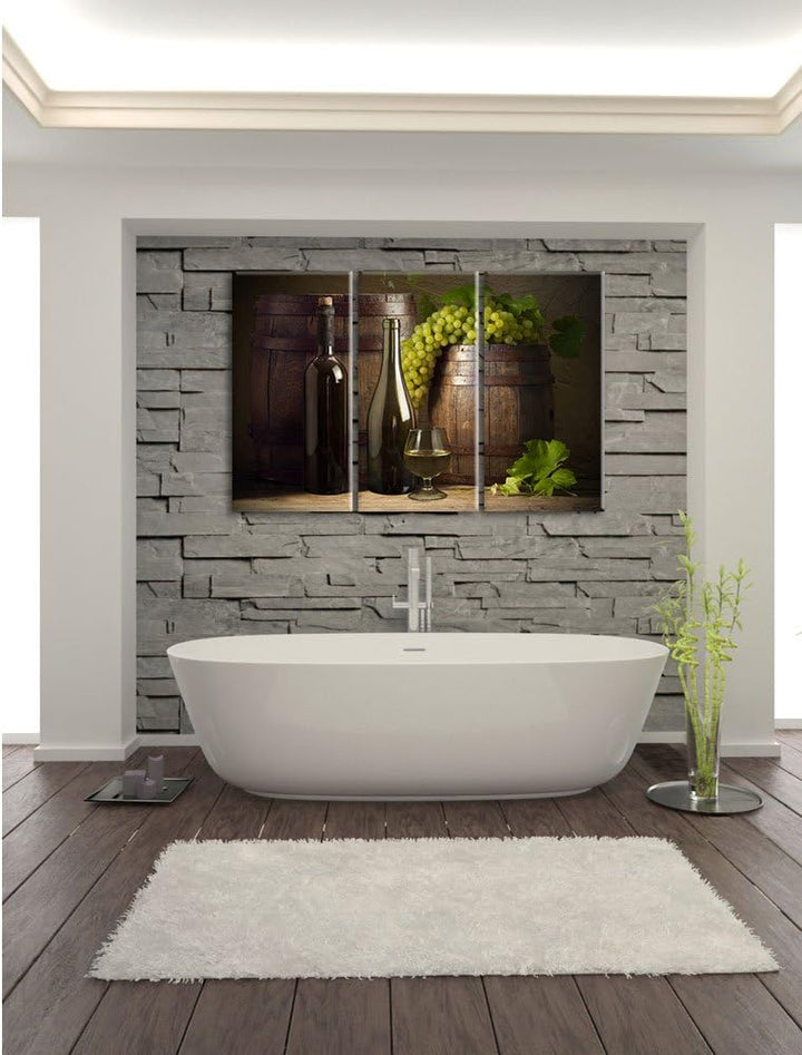 Pixxprint Fässer mit Weintrauben und Wein als Leinwandbild | Grösse: 3 Teilig (120x80) | Wandbild| K