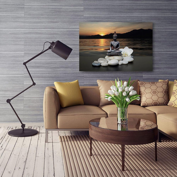 Feeby Bilder Buddha Sonnenuntergang XXL 120x80 cm 1Teilig Modern Wohnzimmer Schlafzimmer Flur Büro V