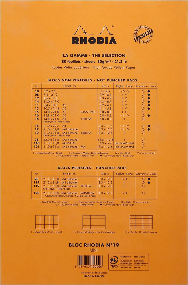 Rhodia 19000C - Packung mit 5 Notizblöcken geheftet No.19 A4+ 80 Blätter blanko 80g, Orange, 1 Pack