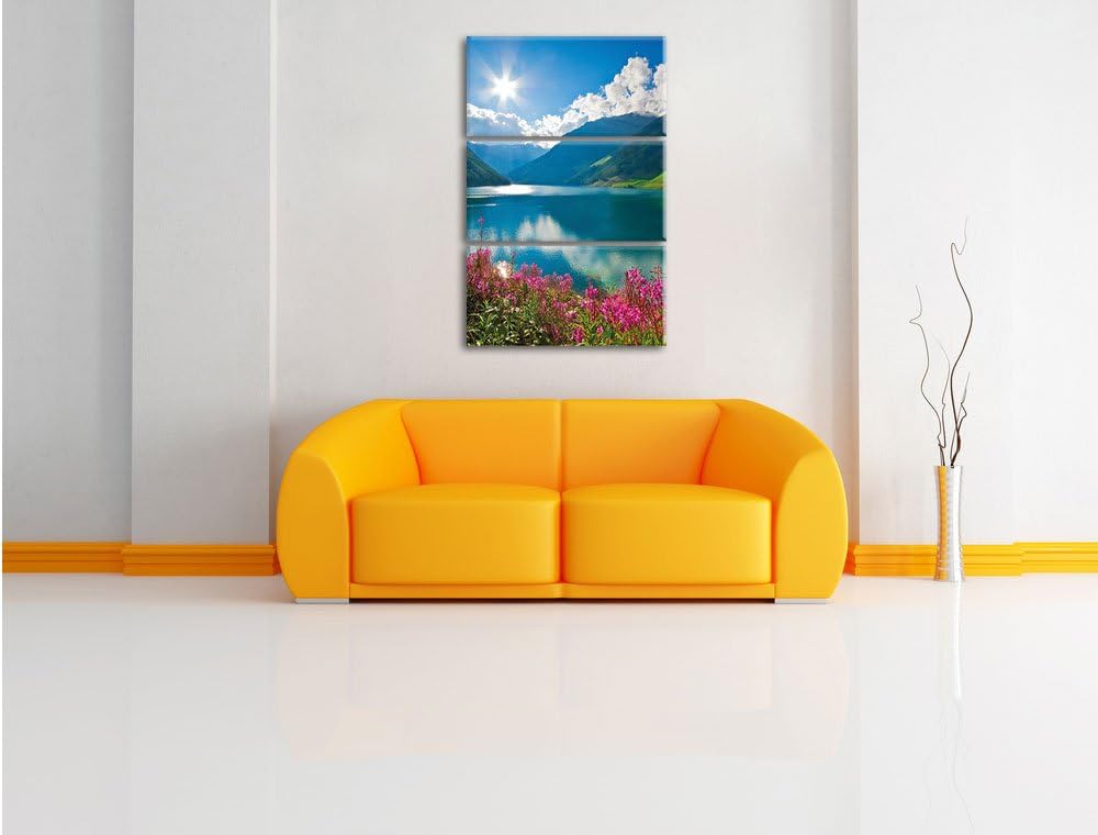 Pixxprint Blumenwiese See als Leinwandbild - Grösse: 3-Teilig (120x80cm) - Wandbild - Kunstdruck - f