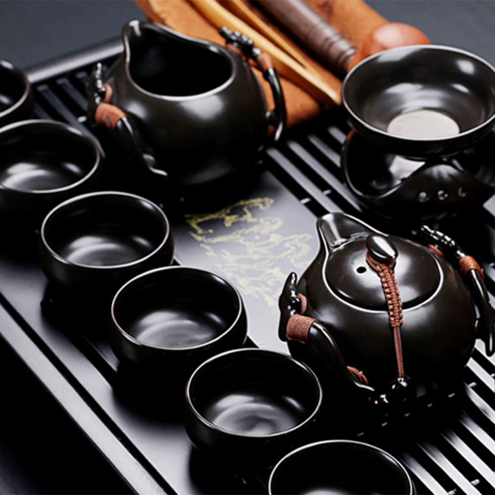 fanquare Chinesisches Kung Fu Teeset aus Schwarzer Keramik mit Teetablett und Kleinen Teewerkzeugen,