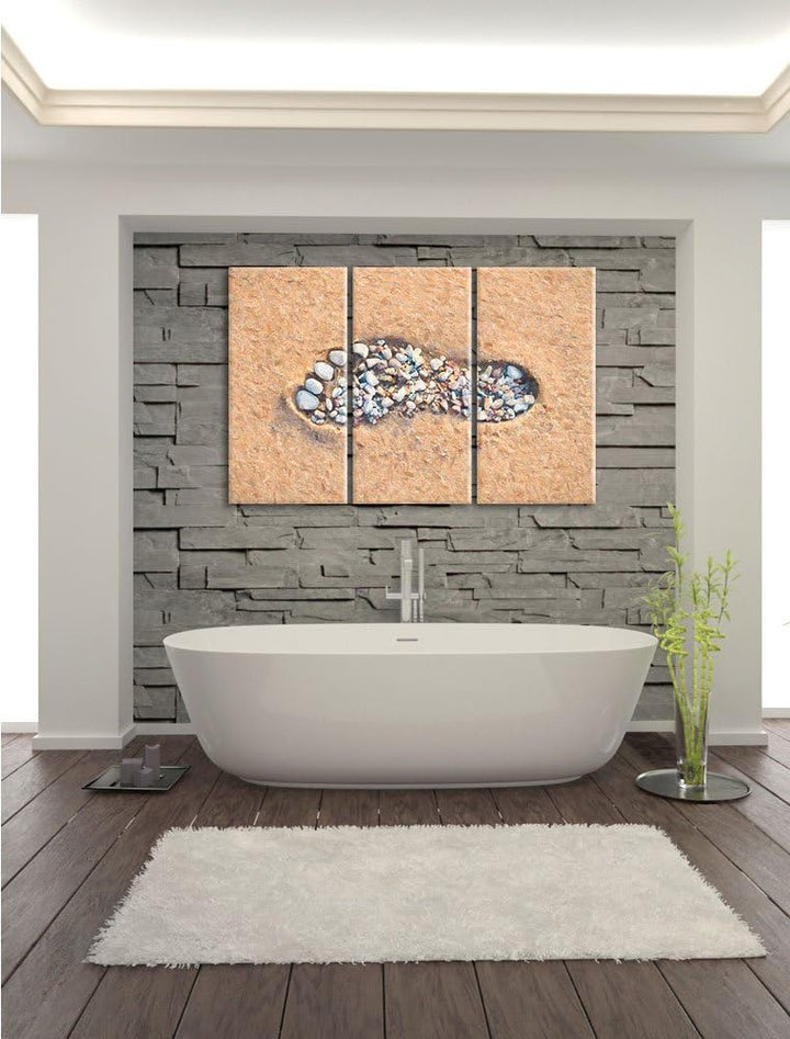 Pixxprint Fussabdruck im Sand Pinsel Effekt 3-Teiler Leinwandbild 120x80 Bild auf Leinwand