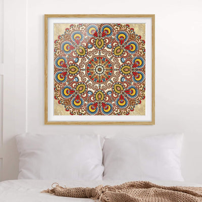 Bild mit Rahmen - Farbiges Mandala - Rahmenfarbe Eiche, 30 x 30 cm 30cm x 30cm Eiche, 30cm x 30cm Ei