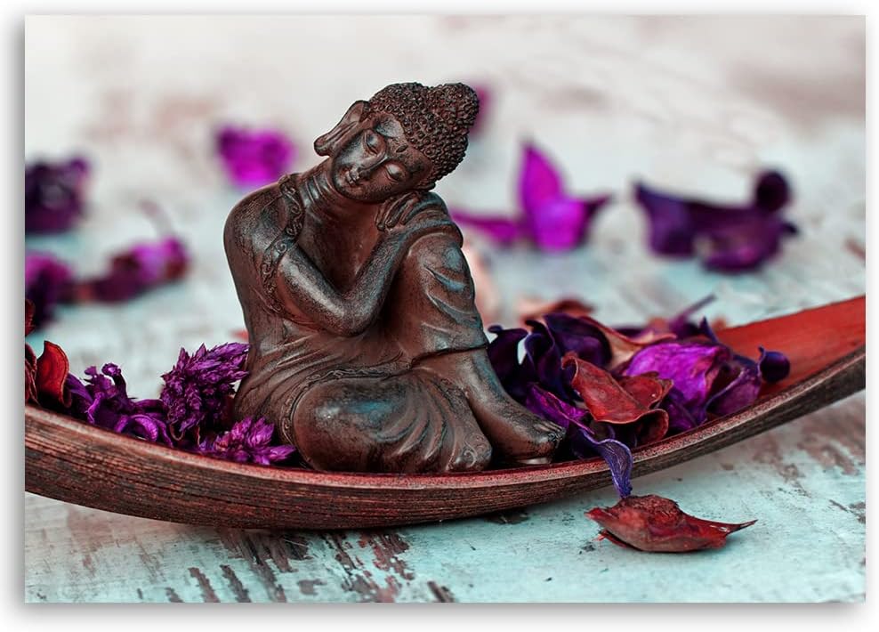 Feeby Bilder Buddha Blumen Lila XXL 120x80 cm 1Teilig Modern Wohnzimmer Schlafzimmer Flur Büro Vlies
