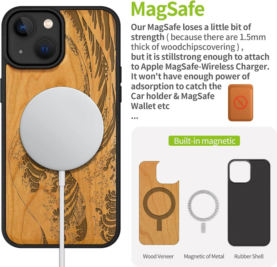 Carveit Handyhülle für iPhone 14 Cover Kompatibel mit Magsafe [Holz und TPU Silikon Hybrid hülle] Ma