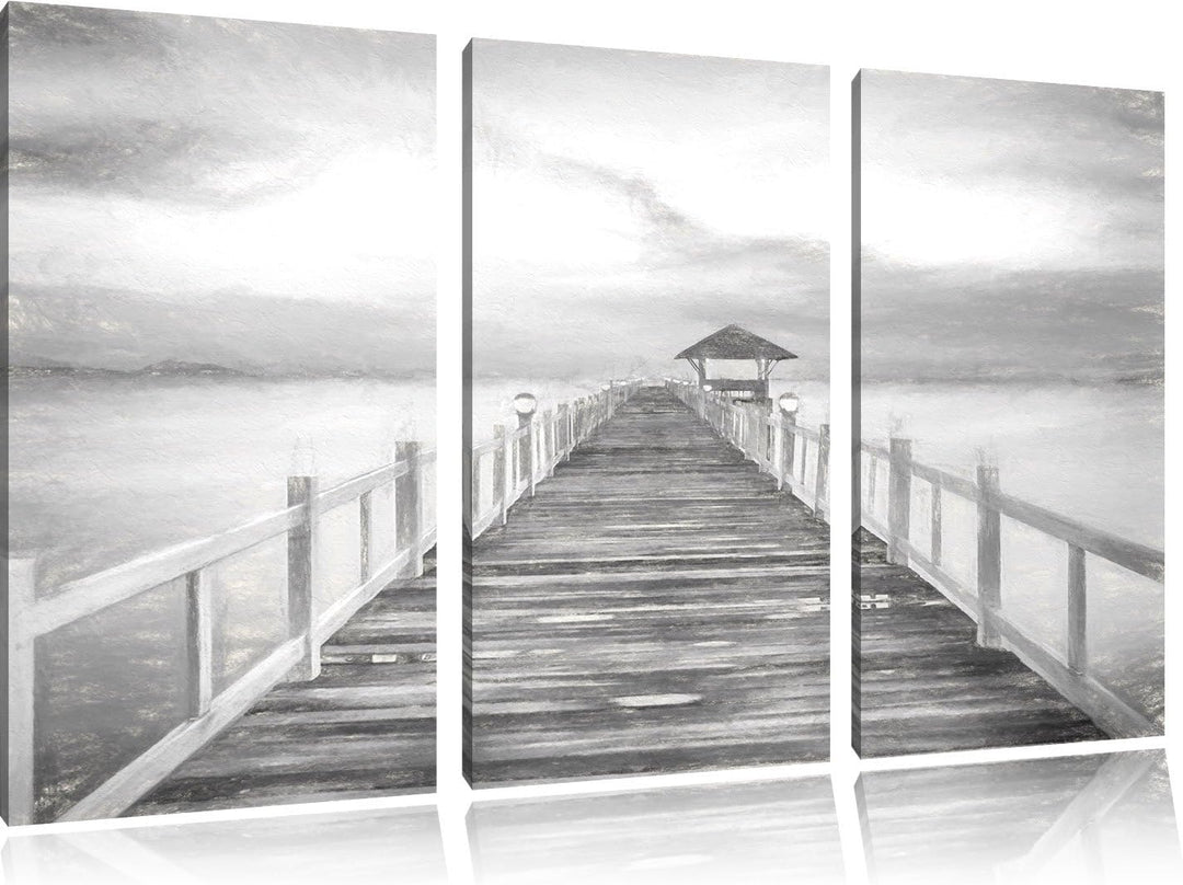 Pixxprint Steg ins Meer bei Sonnenuntergang Kohle Zeichnung Effekt 3-Teiler Leinwandbild 120x80 Bild