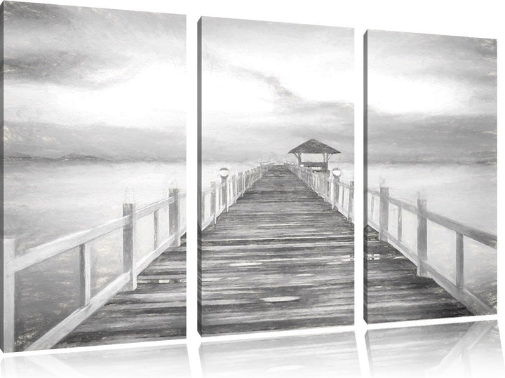 Pixxprint Steg ins Meer bei Sonnenuntergang Kohle Zeichnung Effekt 3-Teiler Leinwandbild 120x80 Bild