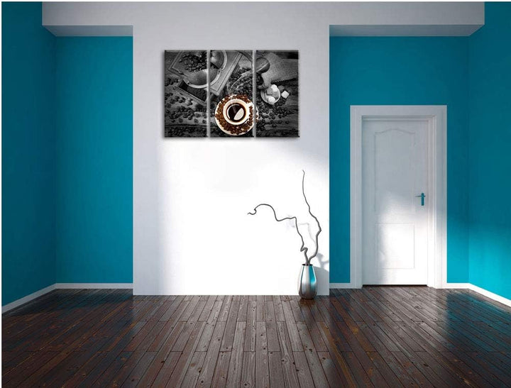 brühwarmer Kaffee mit Kaffeebohnen schwarz/weiss 3-Teiler Leinwandbild 120x80 Bild auf Leinwand, XXL