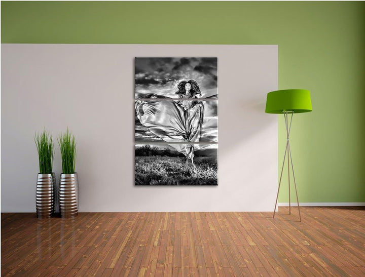 Pixxprint Frau mit Kleid bei Sonnenuntergang als Leinwandbild/Grösse: 3 Teilig (120x80) cm/Wandbild/