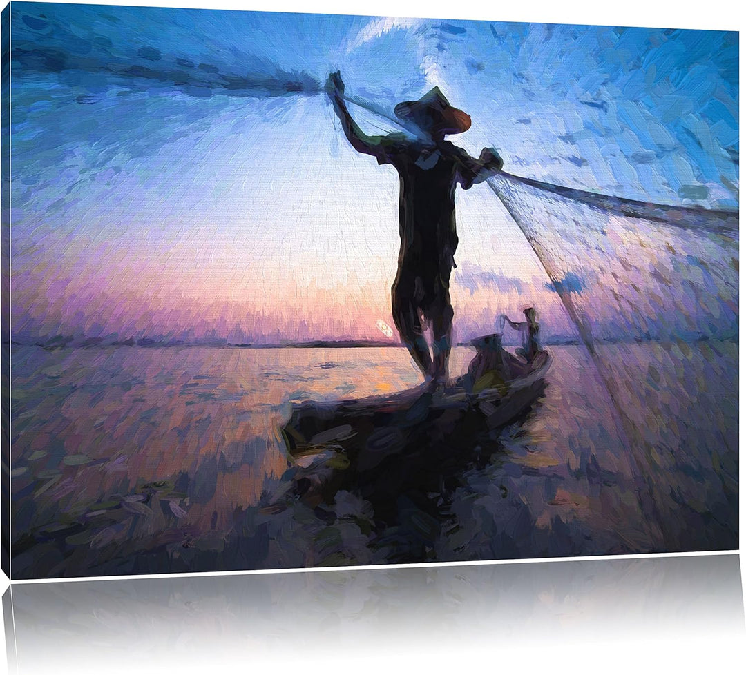 Pixxprint Fischer wirft Sein Netz aus / 100x70cm Leinwandbild bespannt auf Holzrahmen/Wandbild Kunst