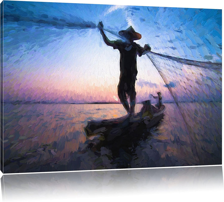 Pixxprint Fischer wirft Sein Netz aus / 100x70cm Leinwandbild bespannt auf Holzrahmen/Wandbild Kunst