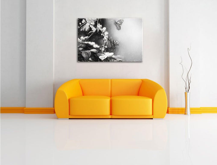 Pixxprint Schmetterlinge auf Blumen als Leinwandbild/Grösse: 100x70 cm/Wandbild/Kunstdruck/fertig be