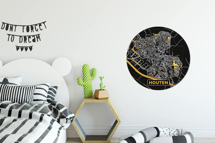MuchoWow Wandbild Rund Wanddeko Deko Wohnzimmer Bilder 60x60 cm Houten - Schwarz und Gold - Stadtpla