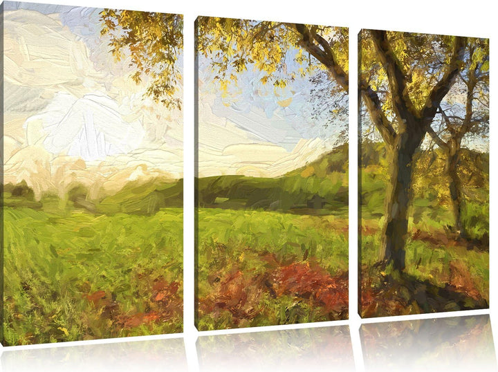 Pixxprint Landschaft im Herbst Kunst Pinsel Effekt 3-Teiler Leinwandbild 120x80 Bild auf Leinwand