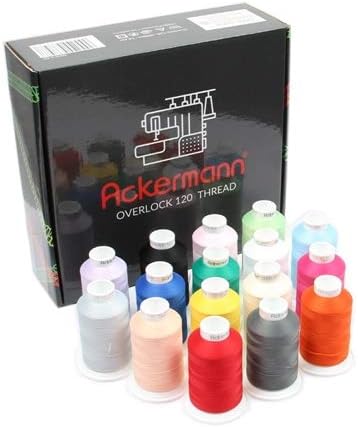 Ackermann Overlock Bauschgarn Nähgarn 16x 1.000m Box, Stärke 120, 100% Polyester