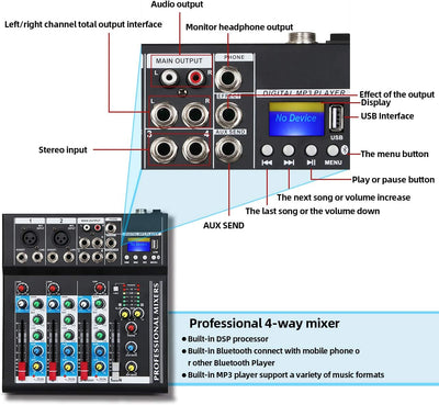 Depusheng HT4 Bluetooth-kompatible professionelle tragbare digitale DJ-Konsole mit USB-4-Kanal-Mixer