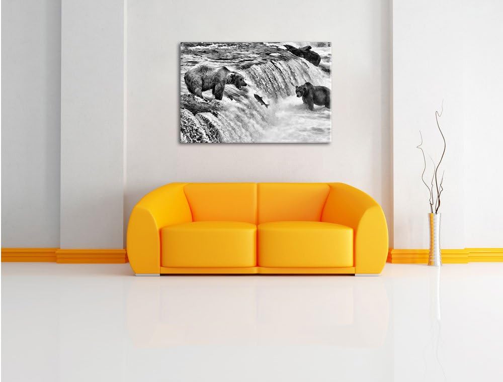 Pixxprint Bären fangen Lachs als Leinwandbild | Grösse: 100x70 | Wandbild| Kunstdruck | fertig bespa