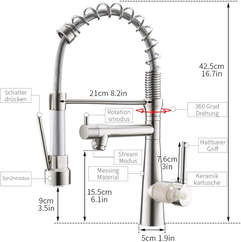 TIMACO Küchenarmatur mit Spiralfeder, Wasserhahn & Brause ausziehbar - 360° schwenkbar - gebürstetes