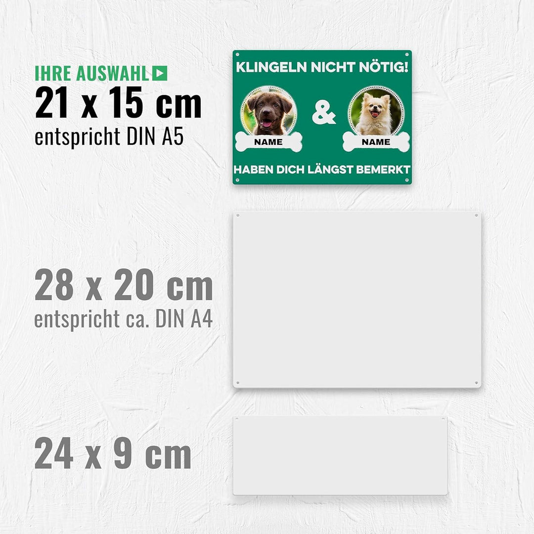 Hunde Schild personalisiert - Klingeln nicht nötig - Metallschild mit Foto und Name für aussen, wett