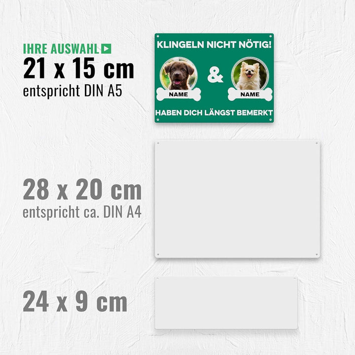 Hunde Schild personalisiert - Klingeln nicht nötig - Metallschild mit Foto und Name für aussen, wett