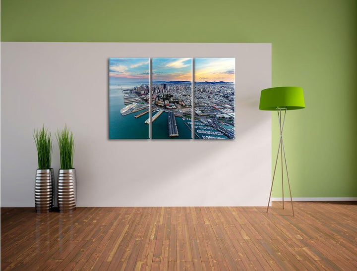 Pixxprint San Francisco bei Sonnenuntergang als Leinwandbild | Grösse: 3 Teilig (120x80) | Wandbild|