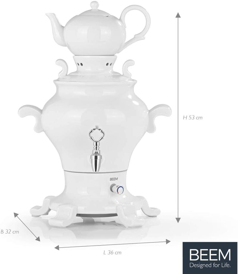 BEEM ODETTE BLANC Samowar - 5 l | Porzellan | 1800 W | 1 L Teekanne mit Sieb Edelstahl | 5 L Heisswa