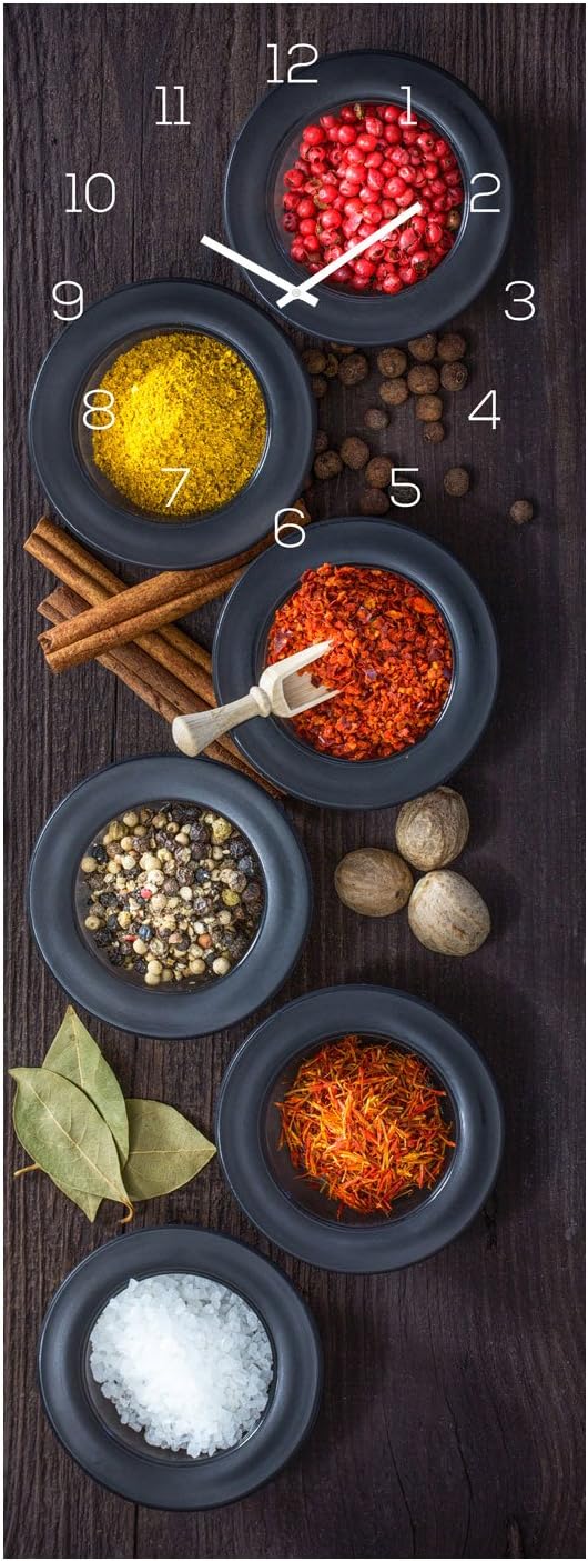 Wanduhr Glas 20x60cm Glasuhr Uhr Glasbild Gewürze Küche Wanddeko Küchenuhr Einrichtung Deko, Glas