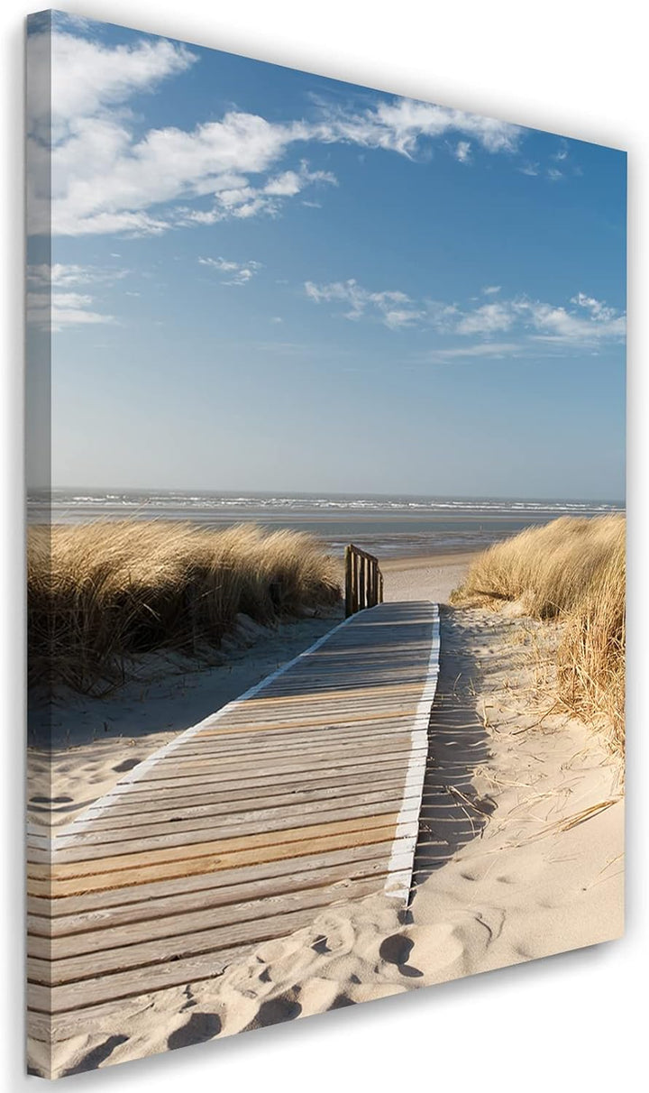 Feeby Vlies Leinwandbild Strand Holzweg Dünen Ozean 60x90 cm Druckbild Wandbild Wanddekoration Deko