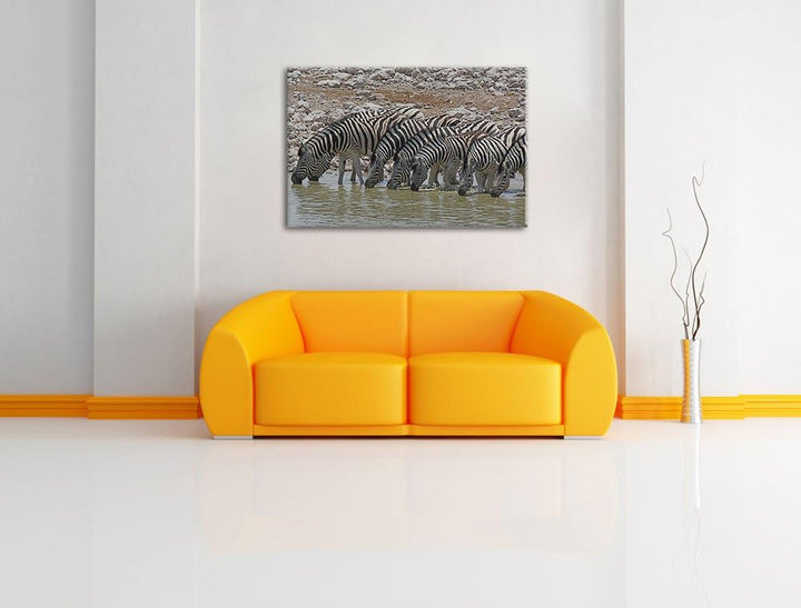 Zebraherde am Wasserloch Leinwand, XXL riesige Bilder fertig gerahmt mit Keilrahmen, Kunstdruck auf