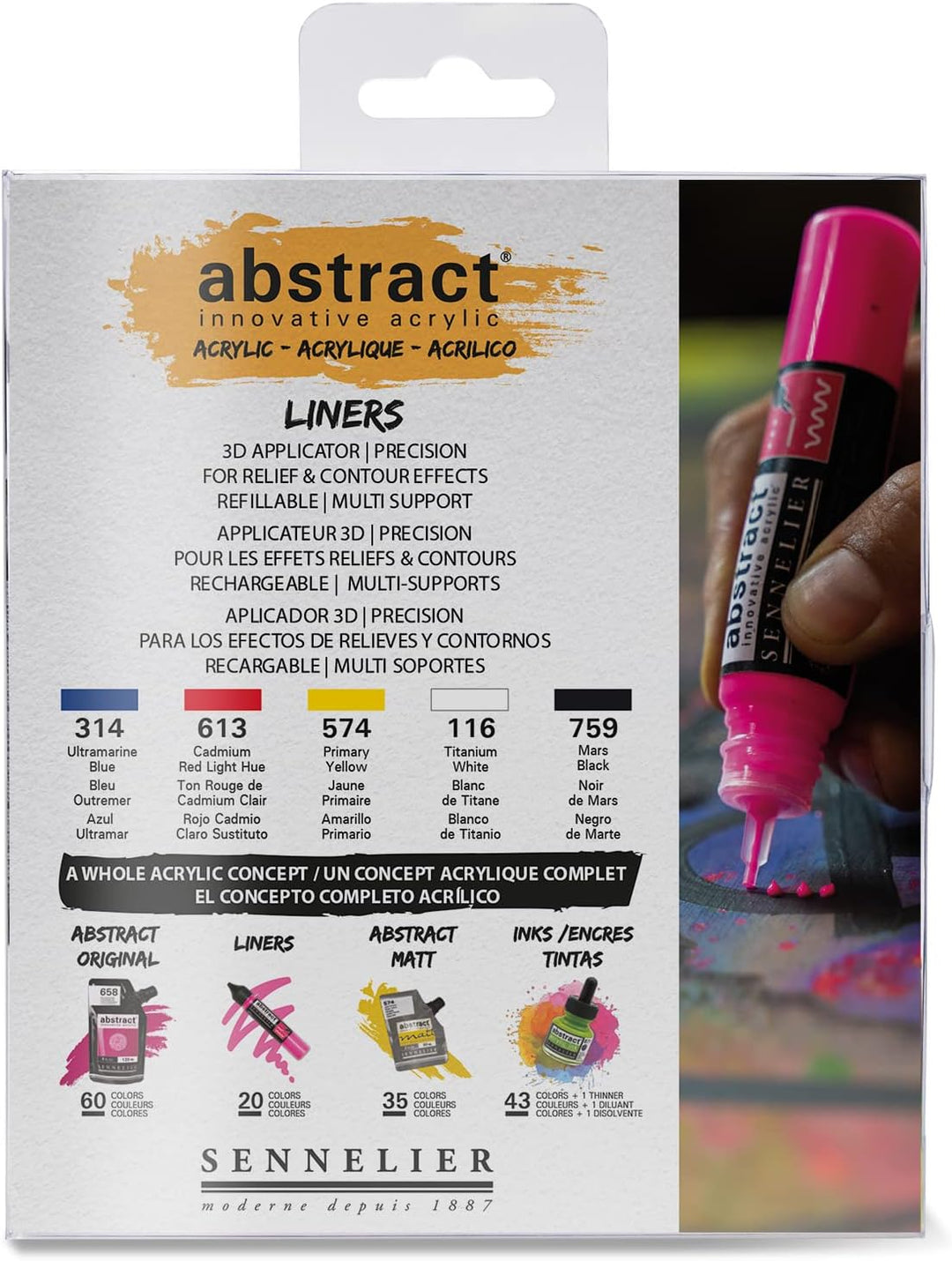 Sennelier Abstract Acrylic Discovery Liner Set, Includes 5-27ml 3D Liners, Primary Colors (10-121350