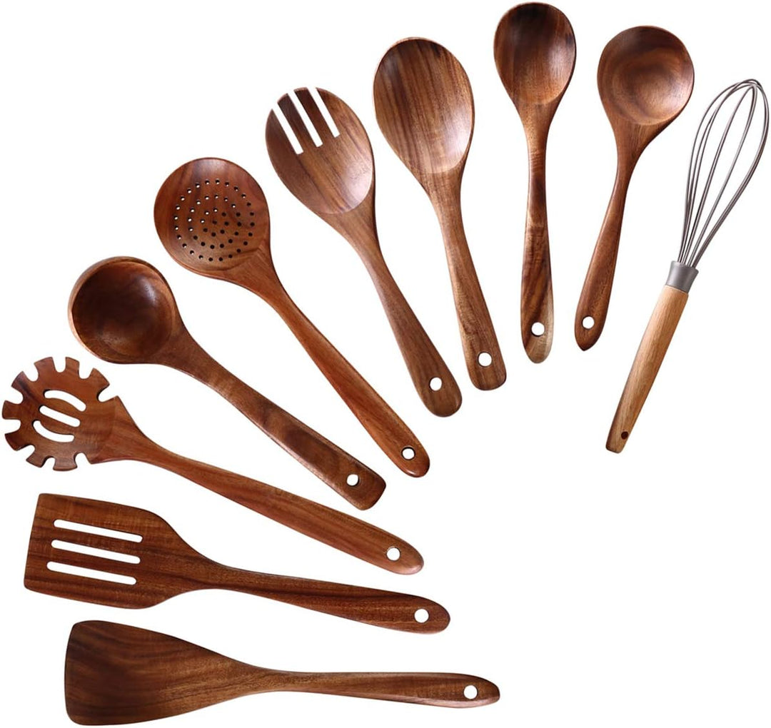 NAYAHOSE Holzutensilien zum Kochen, 10 Stück, Teakholz Kochlöffel und Spatel zum Kochen, inklusive L