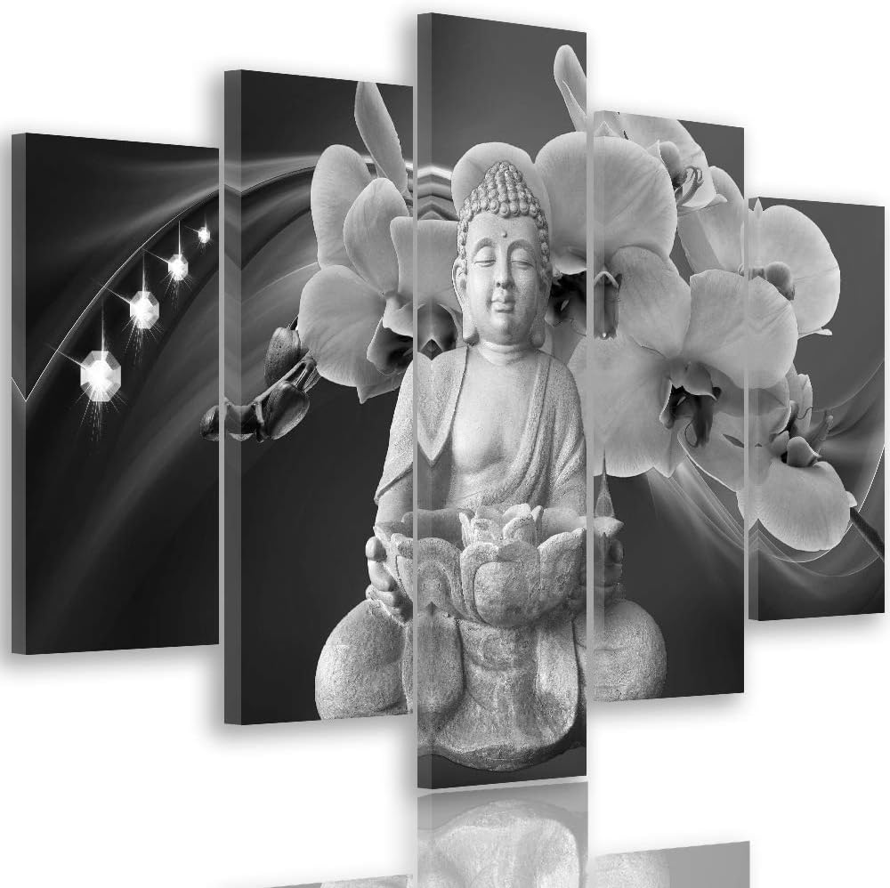 Feeby Wandbild XXL 5 Teilig Abstrakt Leinwandbild Buddha Blumen Schwarzweiss 300x140 cm Leinwandbild