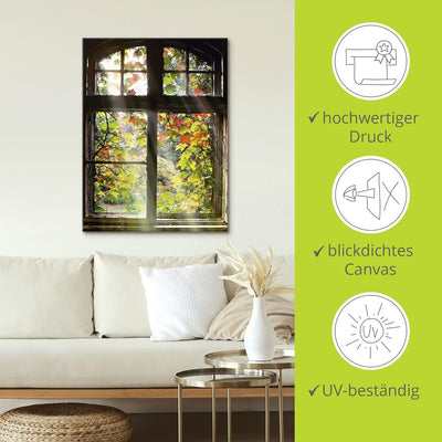 Artland Leinwandbild Wandbild Bild auf Leinwand 60x80 cm Wanddeko Fensterblick Fenster Herbst Natur