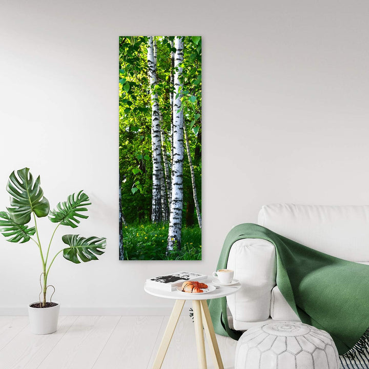 Febby Vlies Leinwandbild XXL Birke Gras Blätter 50x150 cm Wandbild Kunst Bilder Schlafzimmer Deko Wo