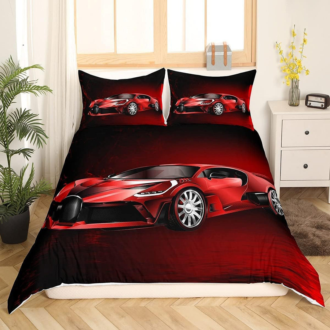 Sportwagen Drucken Bettbezug-Set Rot Rennwagen Bettwäsche Set 135x200cm Kinder Jungen Mädchen Extrem