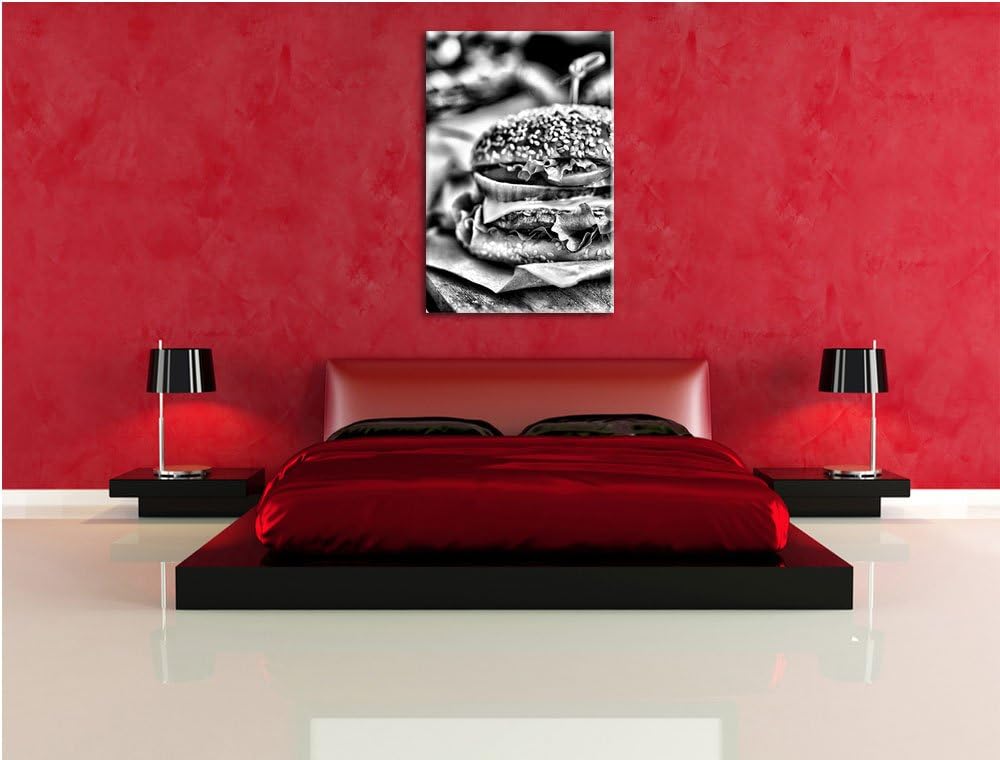Pixxprint Monocrome, Leckerer Burger und Pommes, Format: 100x70 auf Leinwand, riesige Bilder fertig