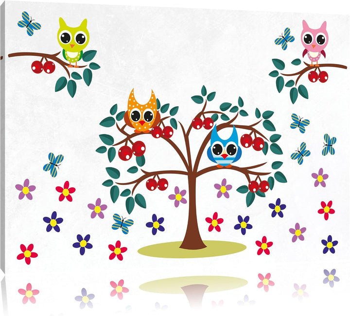 Pixxprint Bäume mit süssen Eulen weiss, Format: 100x70 auf Leinwand, 100x70