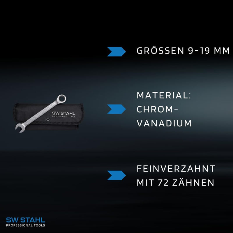SW-Stahl 03510L Gabelringratschenschlüssel Satz 8-19 mm 12-teilg I Ringschlüssel I 72 Zähne I Maulsc