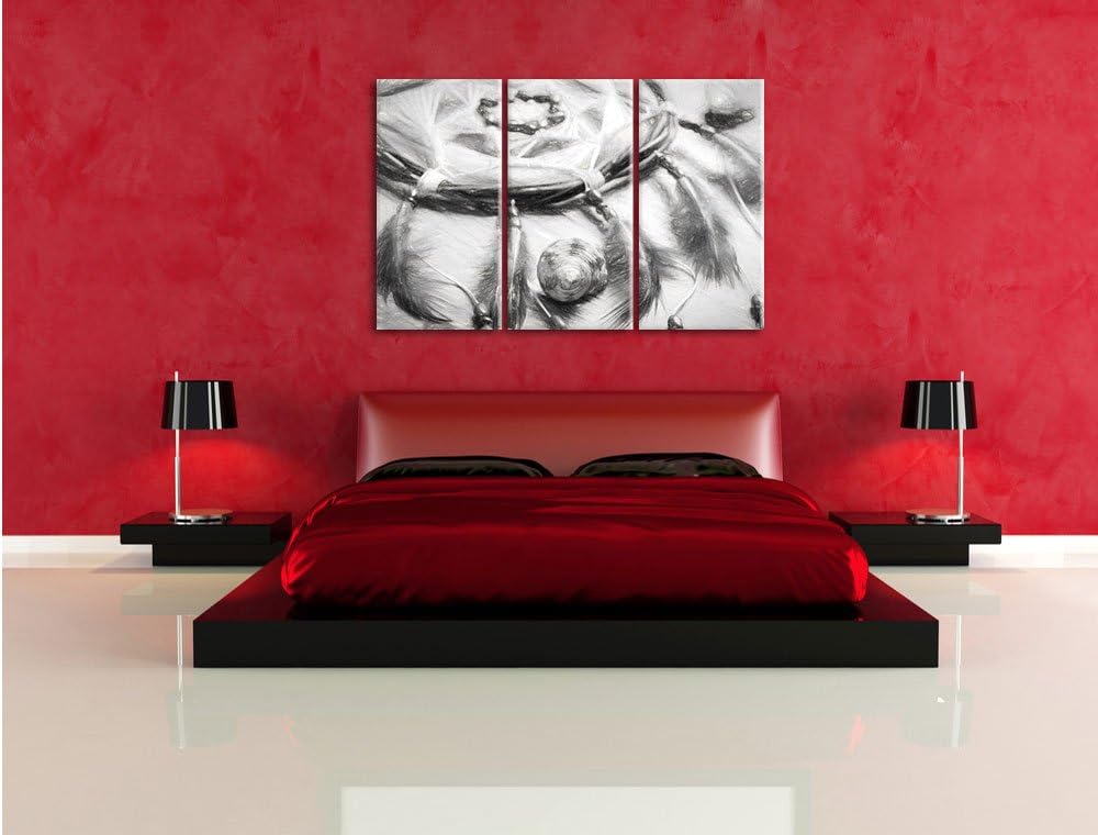 Pixxprint Traumfänger mit Federn / 3-Teilig/Gesamtmass 120cm Leinwandbild bespannt auf Holzrahmen/Wa