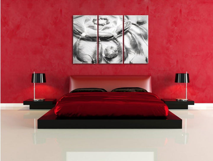 Pixxprint Traumfänger mit Federn / 3-Teilig/Gesamtmass 120cm Leinwandbild bespannt auf Holzrahmen/Wa