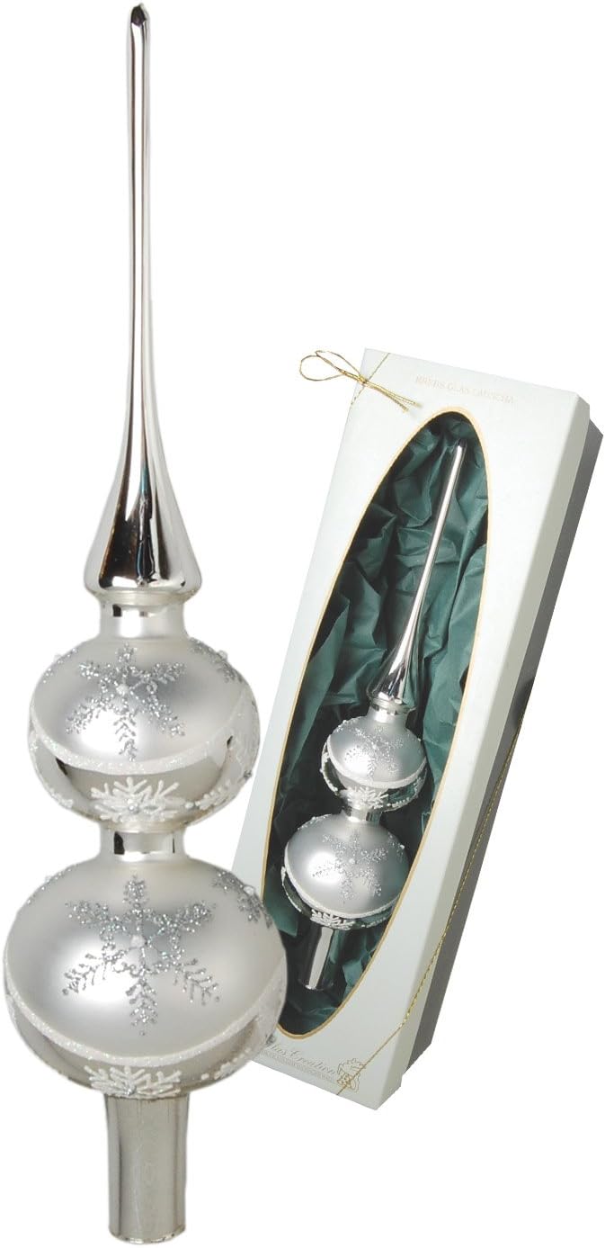 Christbaumspitze Satin Silber glänzend mit Dekor, 30 cm in hochwertiger Geschenkbox Doppelspitze mit