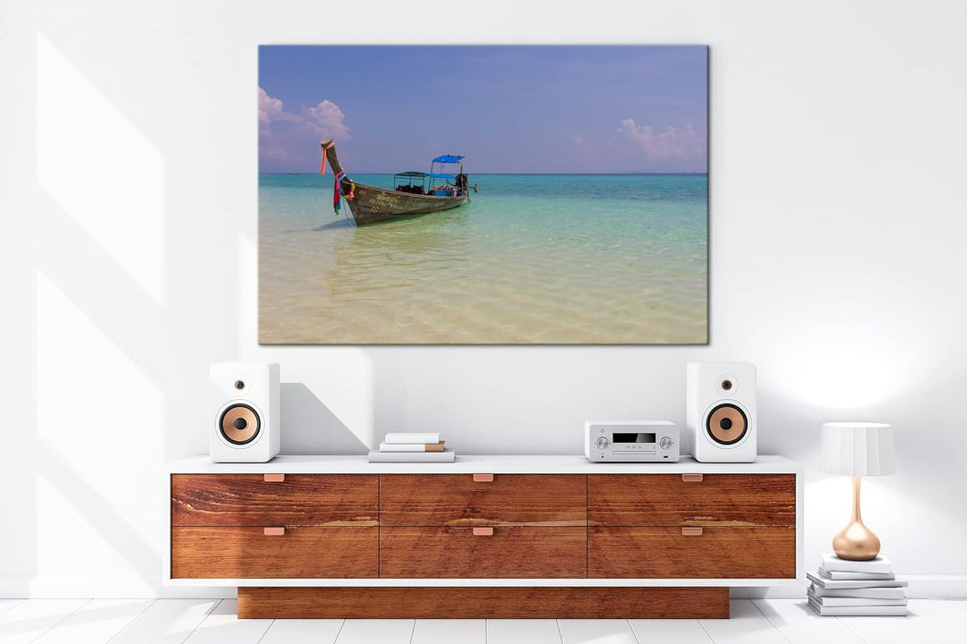 deyoli Boot am Meer im Format: 80x60 als Leinwandbild, Motiv fertig gerahmt auf Echtholzrahmen, Hoch